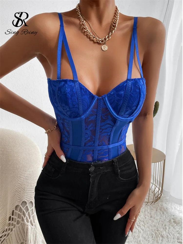 SINGREINY Summer Lace Spliced Rompers Fashion Women Backless Straps Sexy Playsuits Body Streetwear Camisole Sheer Bodysuits-THAT FASHION STORE