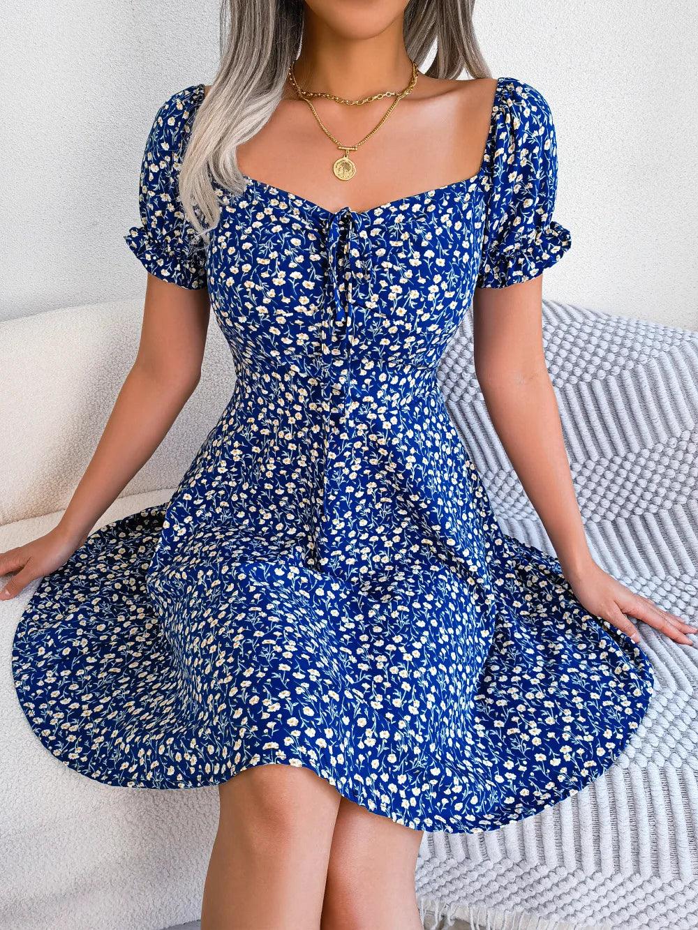 Spring Summer Square Collar Floral Ruffles Mini Dress Women Casual Flare Sleeves Drawstring Lace up Print A Line Dress-THAT FASHION STORE