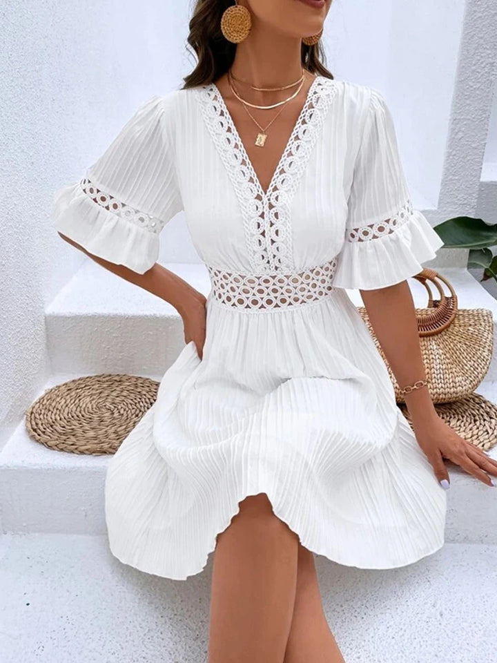 New women's fashion elegant casual V-neck woven hollow texture solid color simple waist dress - THAT FASHION STORE