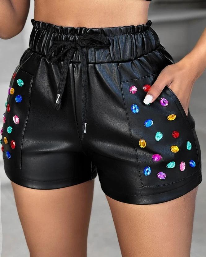 Y2K Women's Shorts 2024 Summer Fashion Casual Colorful Rhinestone Pu Leather Versatile Drawstring Temperament Commuting Shorts-THAT FASHION STORE