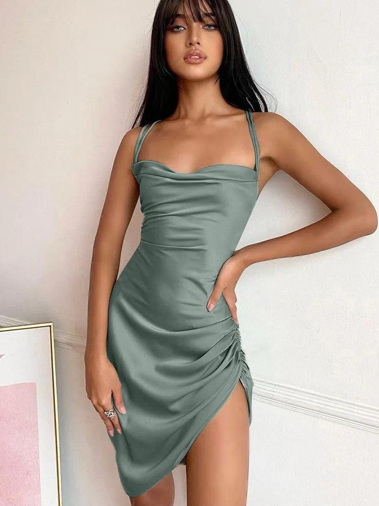 Dulzura Satin Women Strap Mini Dress Ruched Lace Up Cross Bandage Backless Bodycon Sexy Party Elegant 2023 Club Christmas Slim-THAT FASHION STORE