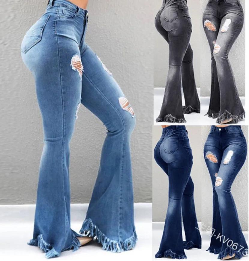 Y2K Clothing Women's Pans 2023 Autumn New Fashion Old Worn White High Waist Jeans Show Thin Tassel Edge Micro Ragged Denim Pants-THAT FASHION STORE