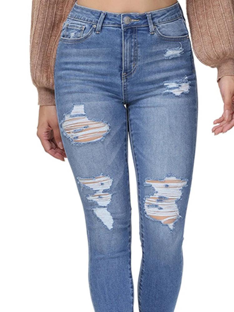 Denimcolab 2024 New Women’s Skinny Jeans With Fashion Ripped High Waist Pencil Pants Ladies Streetwear Casual Solid Hole Jeans-THAT FASHION STORE