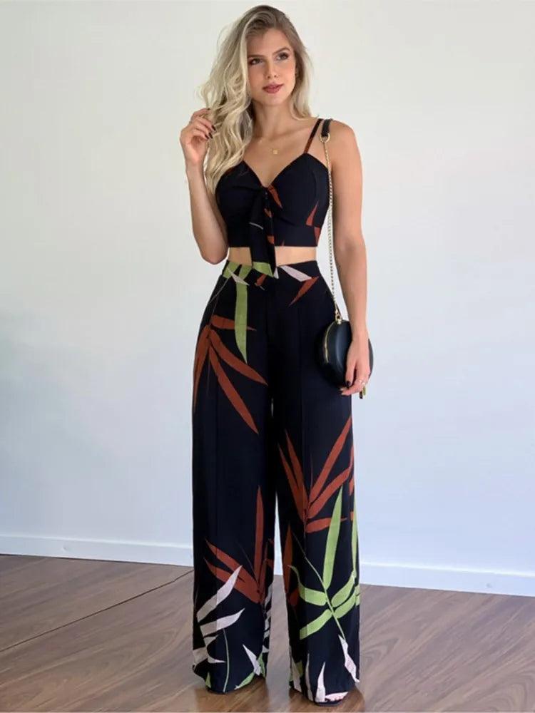 Sexy V Neck Sleeveless Tops Pants Set Office Lady Spring Summer Casual Print Blouse Trousers Two Piece Set Women Outfit 2023-THAT FASHION STORE