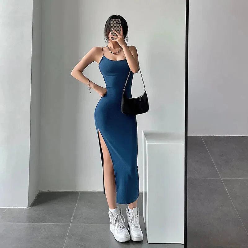 Rimocy 2024 New Sexy Sleeveless Slim Long Dress Women Party Club High Split Spaghetti Strap Dresses Woman Bodycon Dress Female-THAT FASHION STORE