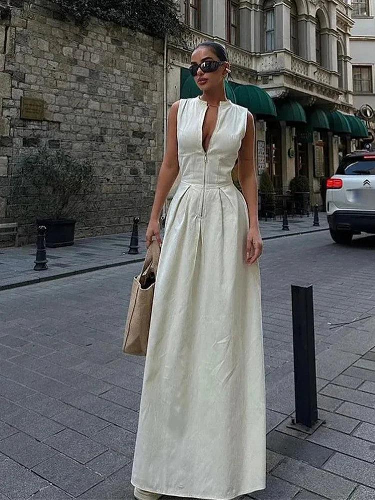 Elegant Patchwork Pleated Long Dresses Women V-neck Sleeveless Zipper High Waist Dress Fashion Female Slim Fit High Street Robes-THAT FASHION STORE