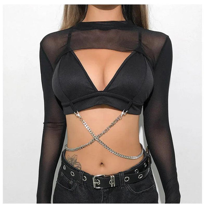 Sexy Women Crop Top Mesh Sleeve T-Shirt Sexy Tops Hollow Out Transparent Tops Ladies T Shirt Black Top Casual T-shirt Tee Shirts-THAT FASHION STORE