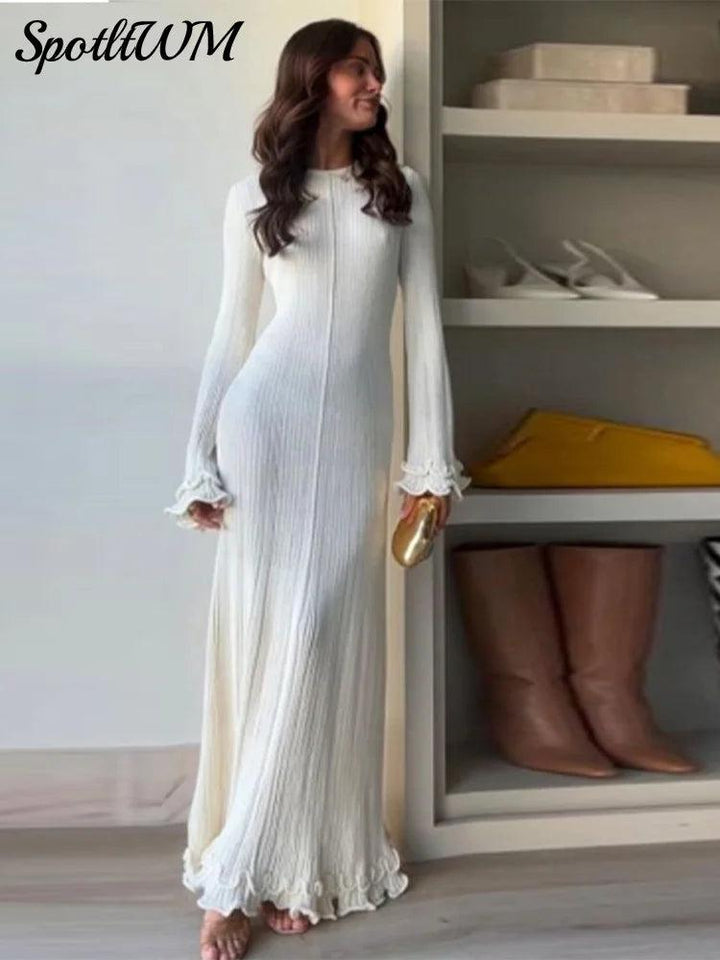 Elegant Flared Long Sleeve Round Neck Maxi Dress Women Back Lace Up Fishtail Slim Dresses Summer Fashion Lady Casual Streetwear-THAT FASHION STORE