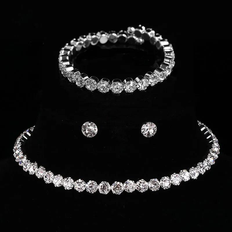 Luxury Round Crystal Jewelry Set for Women Charm Silver Color Bracelet Stud Earring Zircon Chain Necklace Wedding Party Jewelry-THAT FASHION STORE