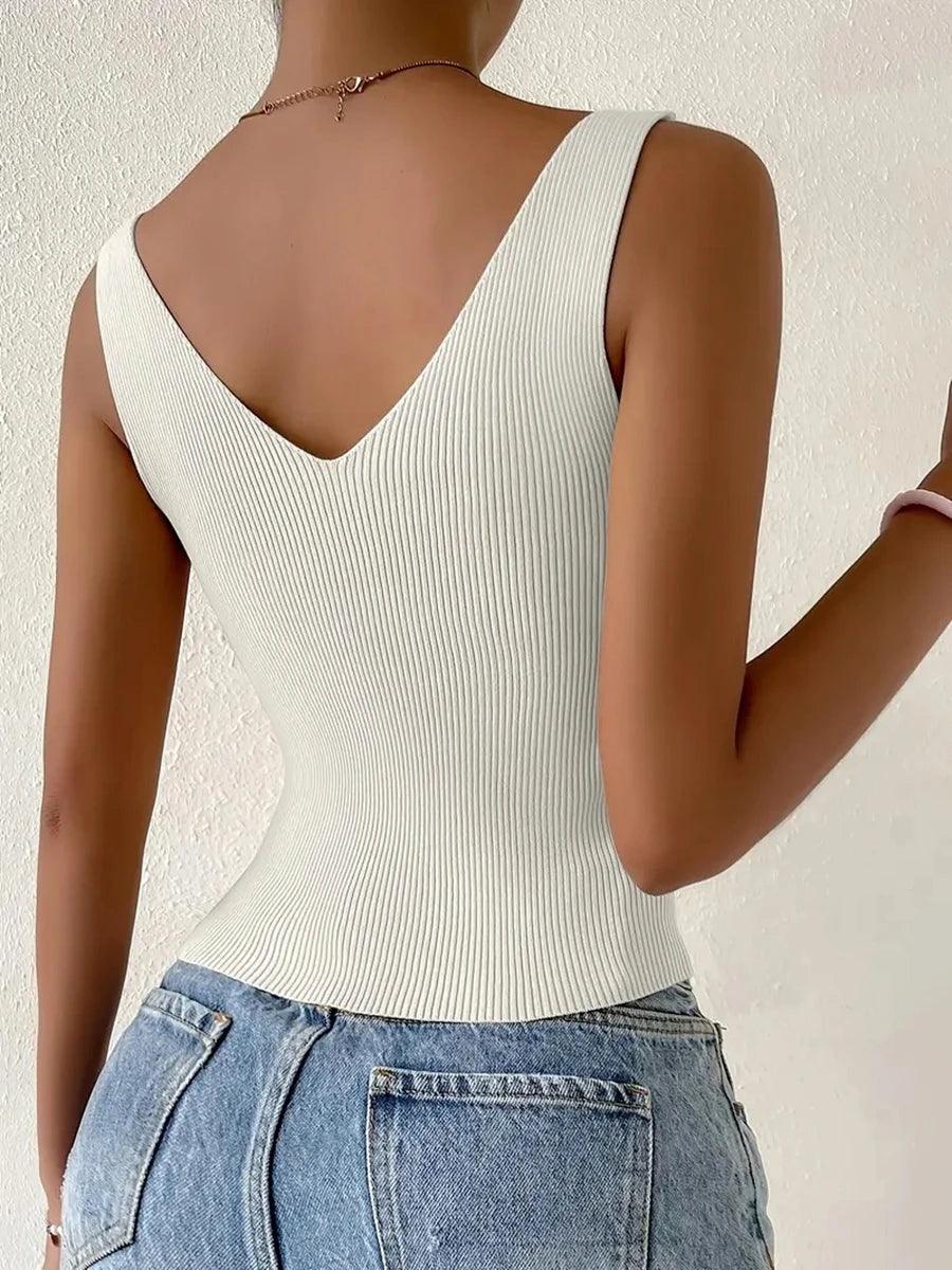 New Summer Women Drawstring Front Ribbed Knit Tops Femme Sexy V Neck Sleeveless Crop Top Clothes High Stretch Split Cropped Tank-THAT FASHION STORE