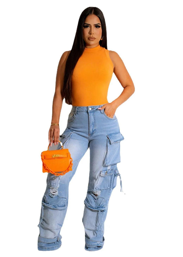 CM.YAYA Women Safari Style Ripped Out Drawstring Hem Elastic Waist Multi Pocke Denim Pants 2023 INS Fashion Cargo Jeans Trousers-THAT FASHION STORE