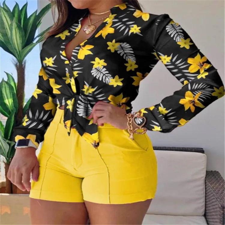 Womens Two Piece Sets Outfit Leaf Print Button Down Shirt & Shorts Set New Fashion 2023 Summer Casua Female Clothing Outfits-THAT FASHION STORE