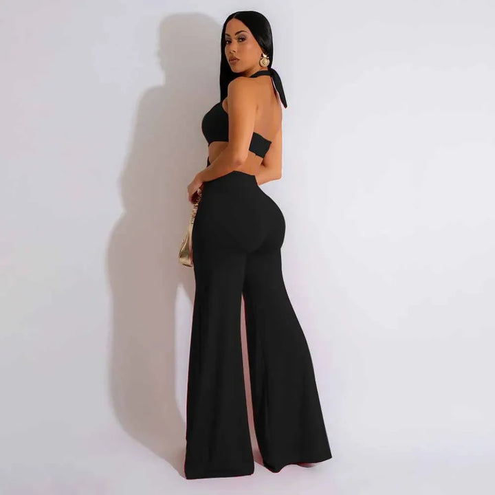 Jumpsuit Women 2024 Summer Fashion Solid Color Halter Cutout Waist Casual High Waist Sleeveless Daily Wide Leg Long Jumpsuit - THAT FASHION STORE