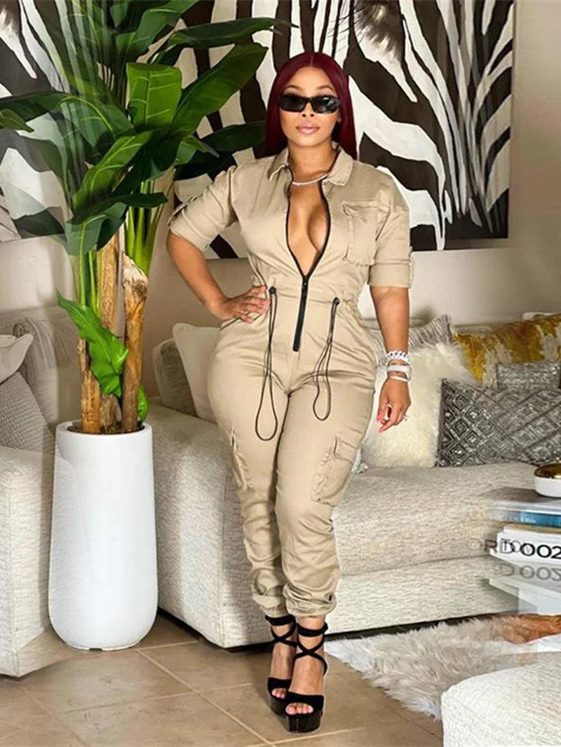 Fashion Safari Style Jumpsuits for Women Spring Y2K Clothing Zipper Up Pockets Long Rompers Playsuits One Piece Overalls Outfits-THAT FASHION STORE