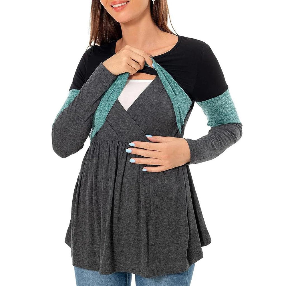 Maternity Nursing T Shirt Pregnant Womens Long Sleeve Patchwork Nursed Tops Blouse For Breastfeeding Pregnancy Clothes Pullover-THAT FASHION STORE