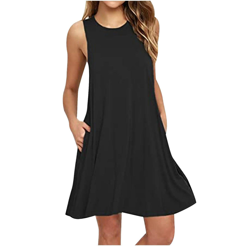 Women's Dress Summer Casual T Shirt Dresses Beach Cover up Plain Pleated Tank Pockets Dress-THAT FASHION STORE