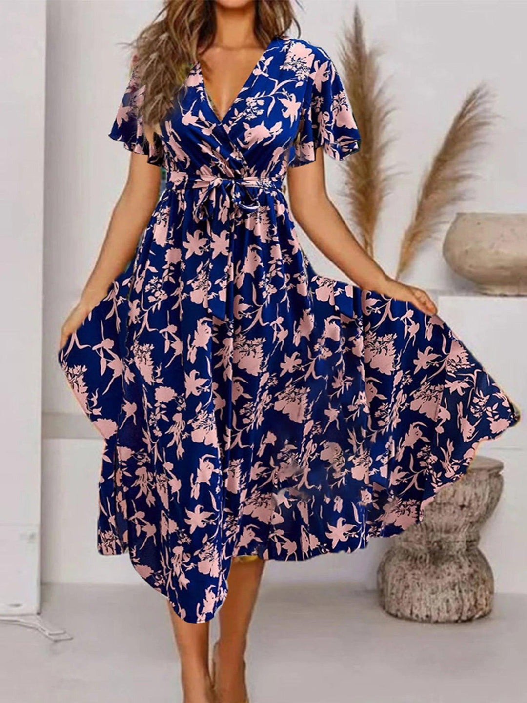 Summer new women's V-neck short sleeve printed waist dress women-THAT FASHION STORE