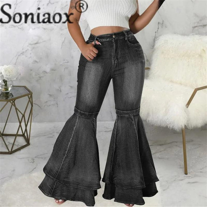 Fashion Splicing Layers Flared Jeans Women High Waist Comfortable Commuter Denim Pants Female Casual Stretch Wide Leg Trousers-THAT FASHION STORE