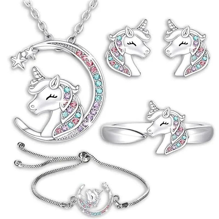 Gorgeous Unicorn Jewelry Set Cute Cartoon Style Unicorn Necklace Earrings Ring Bracelet Perfect Women’s Jewelry Christmas Gifts-THAT FASHION STORE