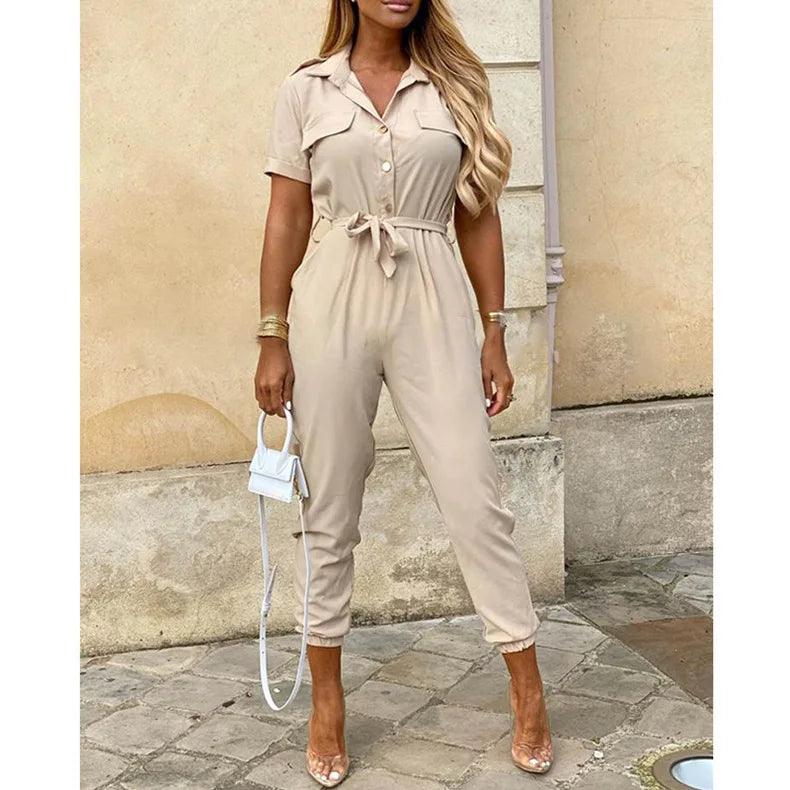 Women's Monochromatic Belt Workwear Jumpsuit, Casual Pants, Flip Collar, Buckle, European and American, Summer, 2023-THAT FASHION STORE