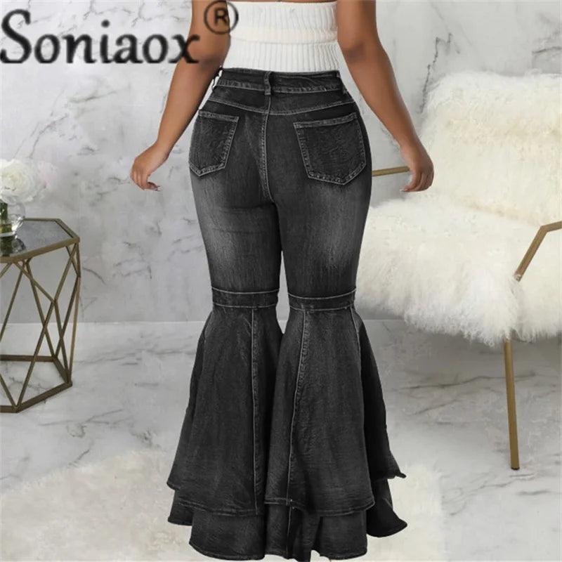 Fashion Splicing Layers Flared Jeans Women High Waist Comfortable Commuter Denim Pants Female Casual Stretch Wide Leg Trousers-THAT FASHION STORE