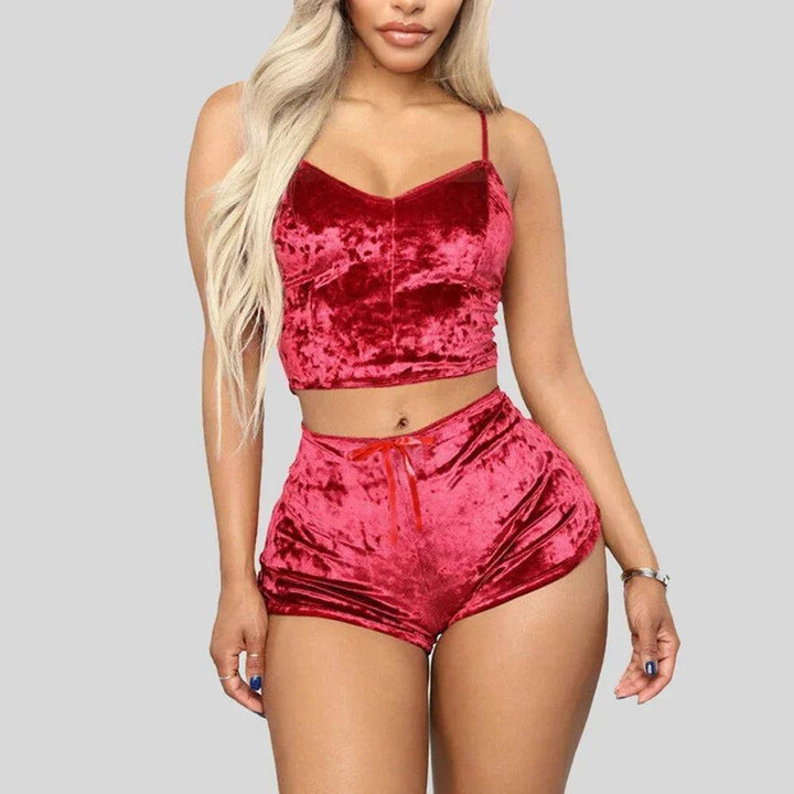 Women's Velvet Sleeveless V-neck Underwear Polyester Setcamisole+shorts Pajamas Set Comfortable Home Clothes Top Pants-THAT FASHION STORE