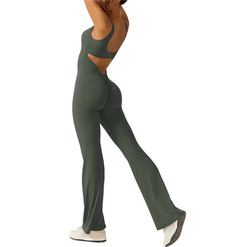 Casual Dancing Pants Streetwear Fashion Women Hollow Back Yoga Long Jumpsuit Round Neck Sleeveless Solid Color Training Outfit-THAT FASHION STORE