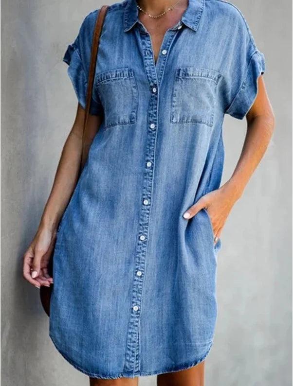 Summer New Single Breasted Denim Shirt Dress Women's Casual Loose Pocket Simple Retro Commuter Female Office Denim Short Skirt-THAT FASHION STORE