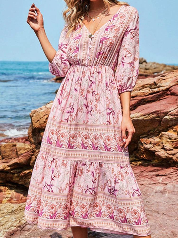 Summer Boho Long Dresses Women Fashion Print V Neck Half Sleeve Cotton Dress Elegant Casual High Waist Beach Dresses Vestidos-THAT FASHION STORE