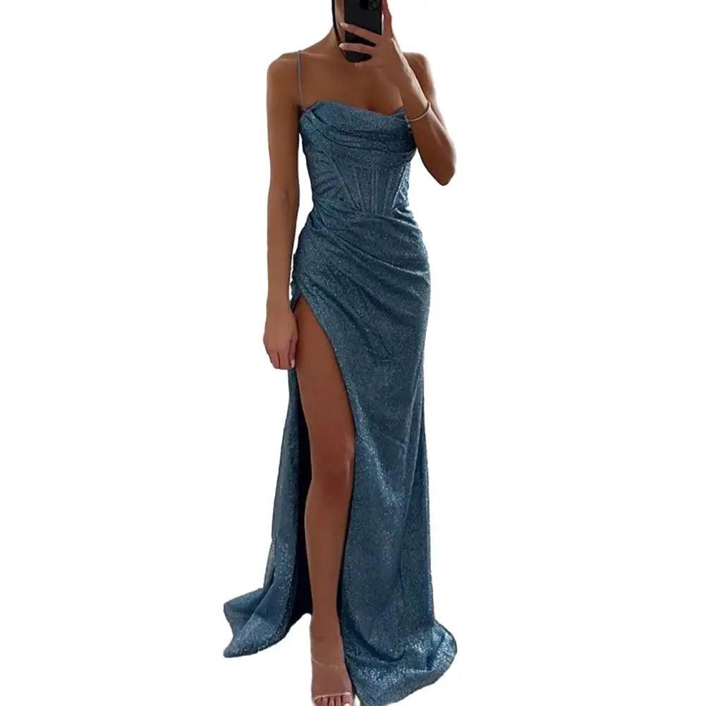 Women Evening Dress Spaghetti Strap Shiny Sequin Sleeveless Off Shoulder Dress Loose High Waist Floor Length Lady Prom Dress-THAT FASHION STORE