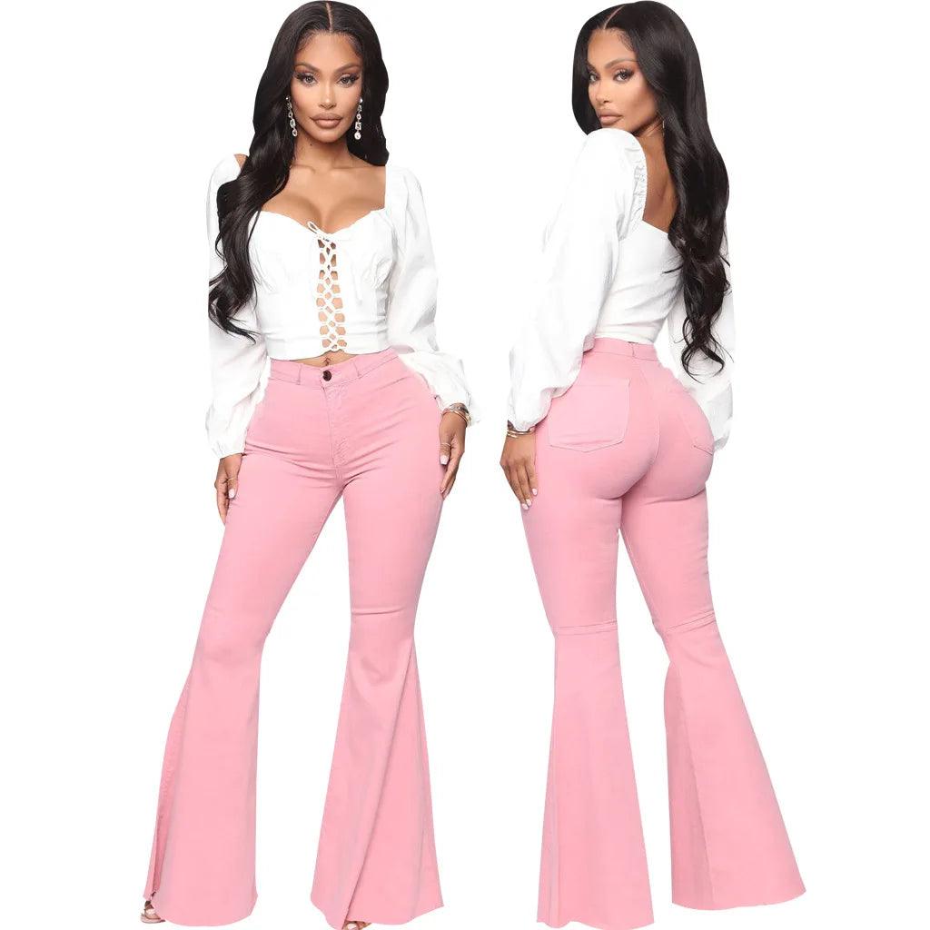 Europe and The United States Fashion High Waist All Fit Stretch Jeans Flare High Waisted Jeans Women Black/Pink/White Jeans-THAT FASHION STORE