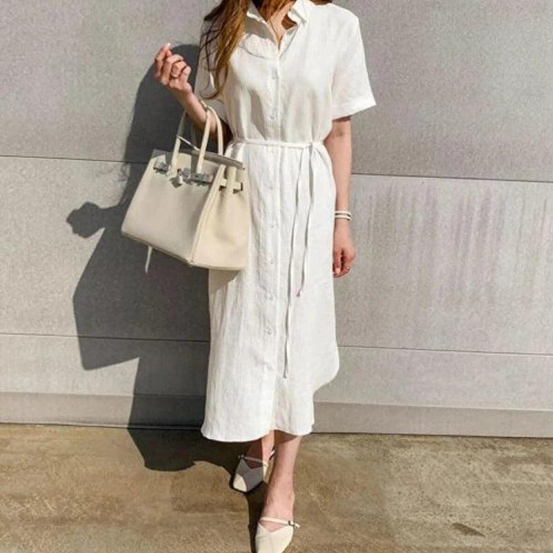 Summer Cotton and Linen Long Dress Fashion New Polo Neck Single Breasted Shirt Dress Casual Simplicity Loose Lace-up Vestidos-THAT FASHION STORE