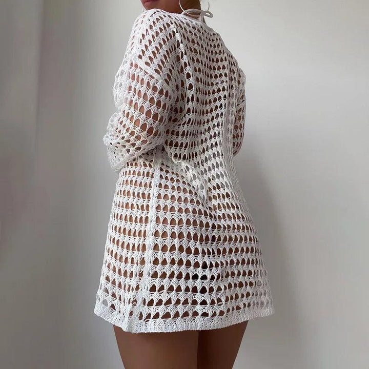 See Through Hollow Out Bikini Cover Ups Tops Women Beachwear Long Sleeve Beach Dress Crop Tops Crochet Swimsuit Cover-Up 2024-THAT FASHION STORE