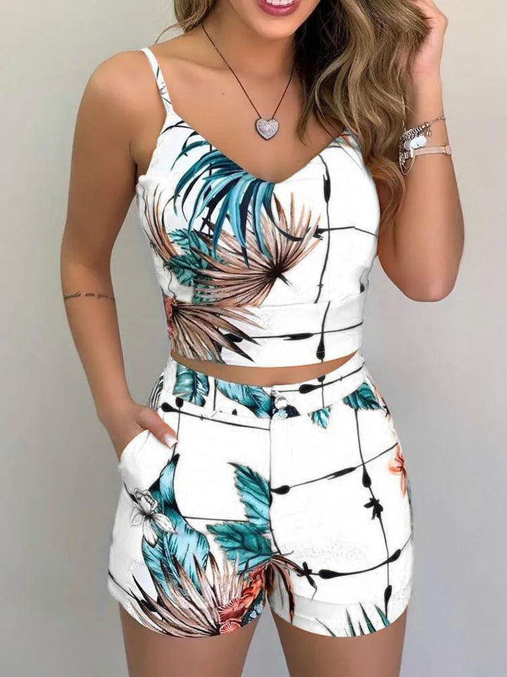 Print Spaghetti Strap Crop Top & Short Sets Casual Summer 2 Piece Outfits for Women-THAT FASHION STORE