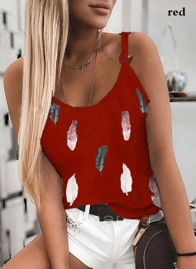 2022 Summer Women Wear New Pattern Fashion T-Shirt Summer Casual Feather Print Sleeveless Tank Tops Camisole Coat-THAT FASHION STORE