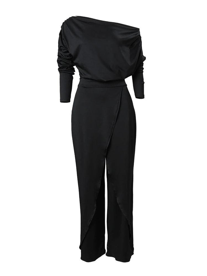 Elegant Jumpsuits for Women 2024 Spring New Plain Elegant Office Lady Loose Ruched Cold Shoulder Split Hem Wide Leg Jumpsuit-THAT FASHION STORE