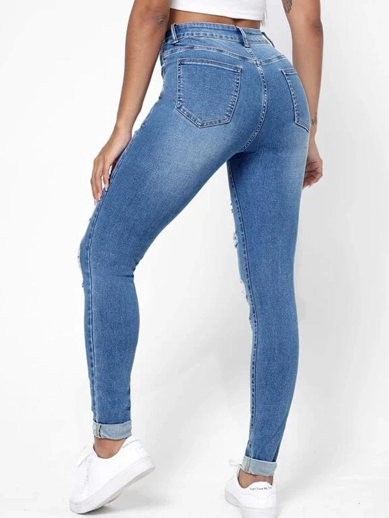 Ripped Holes Casual Skinny Jeans Autumn, Slash Pockets Distressed Single-Breasted Button Mid Waist Denim Pants-THAT FASHION STORE