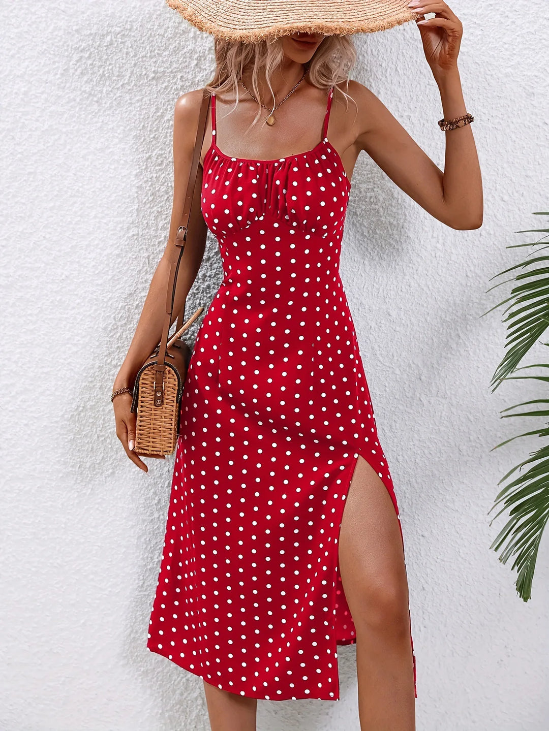 2024 Summer Sexy Spaghetti Straps Dress Women Fashion Polka Dot Print Sleeveless Slit Dress Boho Casual Beach Midi Dresses - THAT FASHION STORE