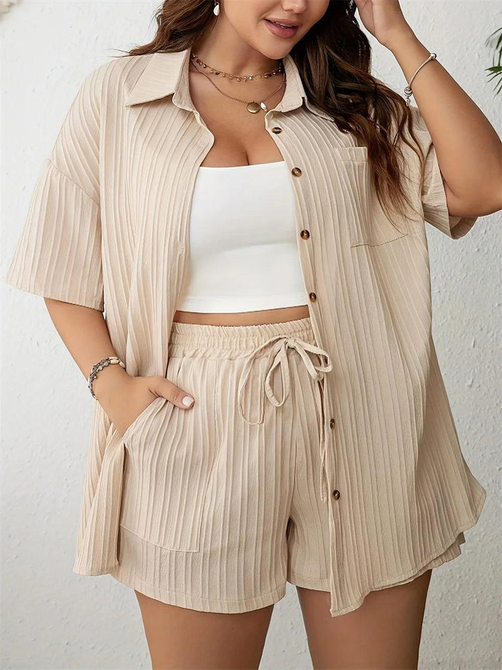 GIBSIE Plus Size Summer Two Piece Sets For Women 2024 Holiday Casual Button-up Short Sleeve Shirt with Elastic Waist Shorts-THAT FASHION STORE