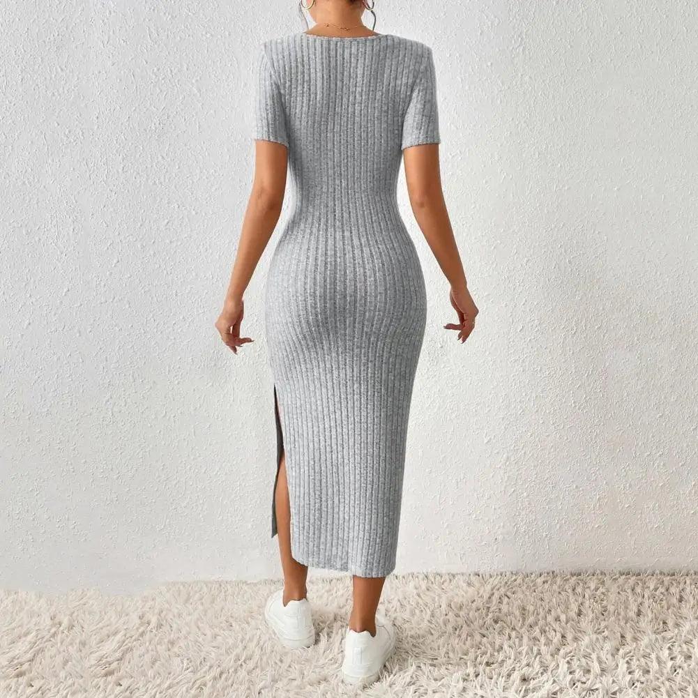 Solid Color Square Neckline Dress Elegant Square Neck Knitted Midi Dress for Women Solid Color Party Commute Dress with Short-THAT FASHION STORE