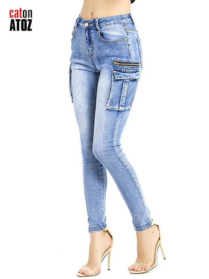 catonATOZ 2237 Women Spring 2023 Fashion Cargo Pants Summer Female Zipper Pocket Stretch Slim Jeans Skinny Denim Tousers-THAT FASHION STORE