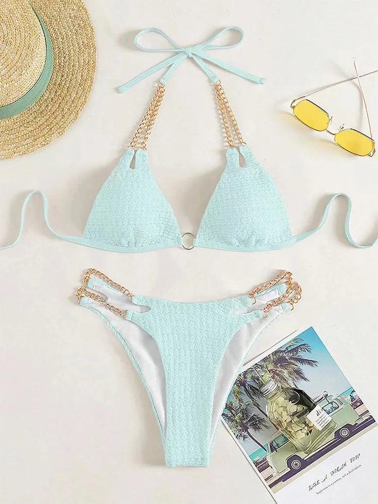 Sexy Metal Chain String Swimwear Halter Bikinis Set Mujer Swimsuit Women Triangle Ruched Thong Bathing Suit Biquinis Bikini Swim-THAT FASHION STORE