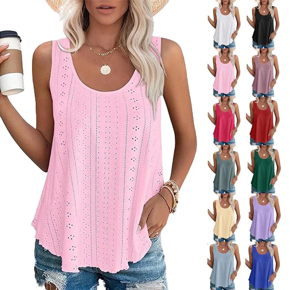 Womens Tank Tops Sleeveless Eyelet Embroidery Scoop Neck Loose Fit Casual Summer Flowy-THAT FASHION STORE