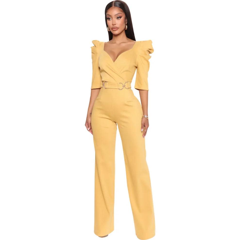 Yellow Rompers for Women XXL Fashion V Collar Short Sleeve Rompers Women Jumpsuits 2023 Club Lace Up High Waist Elegant Jumpsuit-THAT FASHION STORE