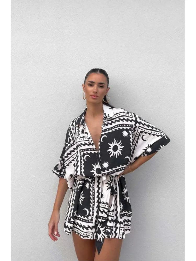 Fashion Printed Chic Jumpsuits Shorts Summer Women V-neck Casual Beach Vacation High Waist Leace-up Bodysuits Fashion Streetwear-THAT FASHION STORE