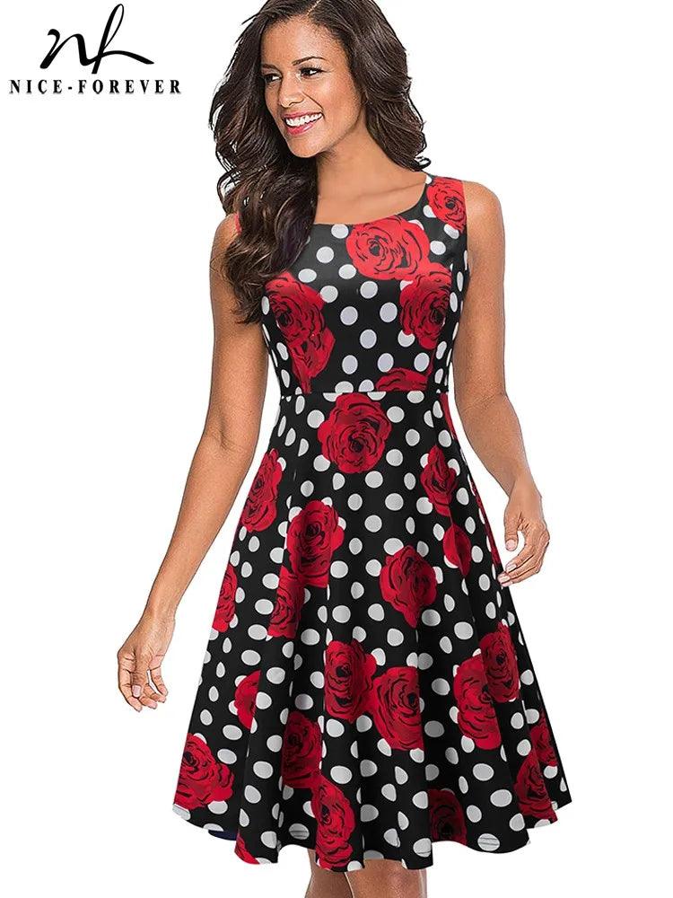 Nice-forever Summer Women Polka Dots with Floral Retro Sun Dresses Party Pinup Flare A-line Dress btyA063-THAT FASHION STORE