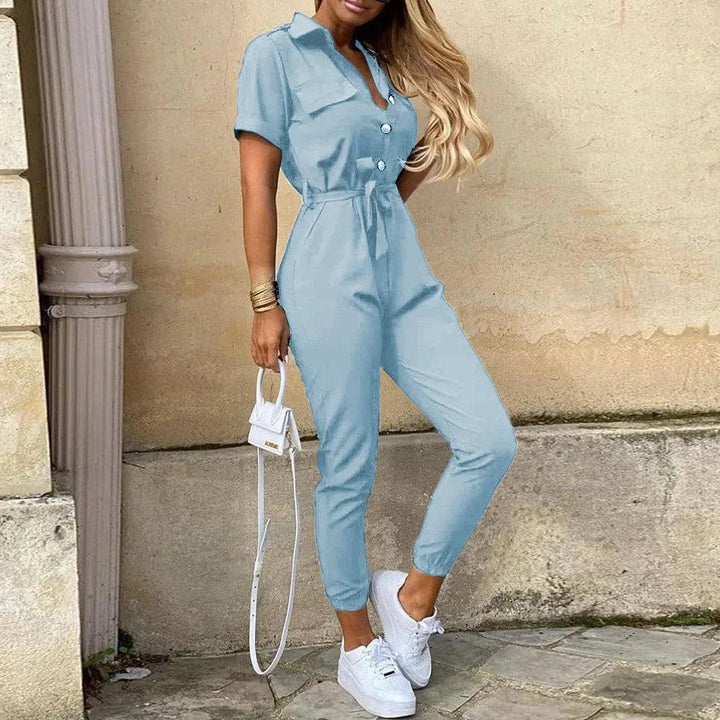 Women's Monochromatic Belt Workwear Jumpsuit, Casual Pants, Flip Collar, Buckle, European and American, Summer, 2023-THAT FASHION STORE