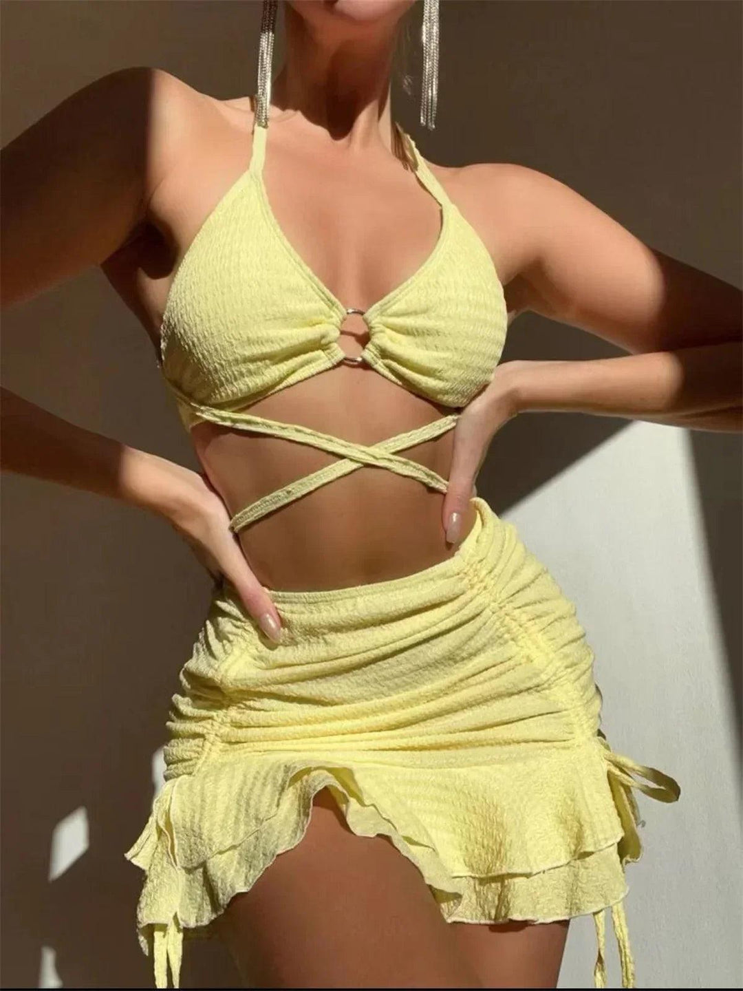 Sexy Yellow Bikini Women Solid Halter Ring Linked Criss Cross Cover Up 3 Piece Swimsuit 2024 Bathing Suit Ruffles Skirt Swimwear-THAT FASHION STORE