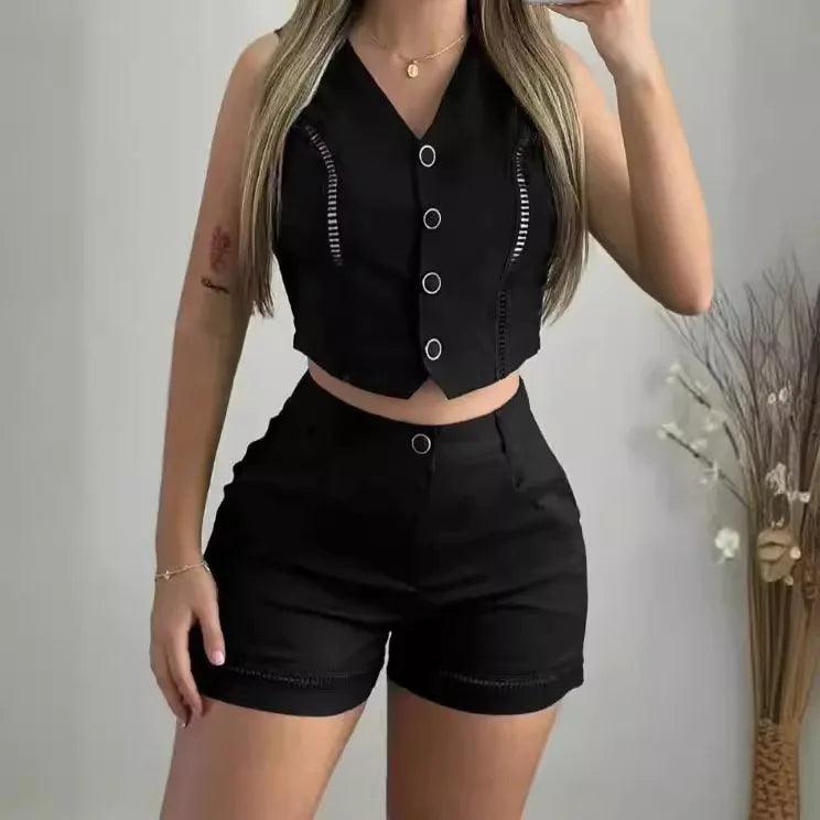 Two Piece Set Women Outfit 2024 Summer Elegance Sleeveless V-neck Button Design Short Top & Fashion Casual Shorts Set Streetwear-THAT FASHION STORE