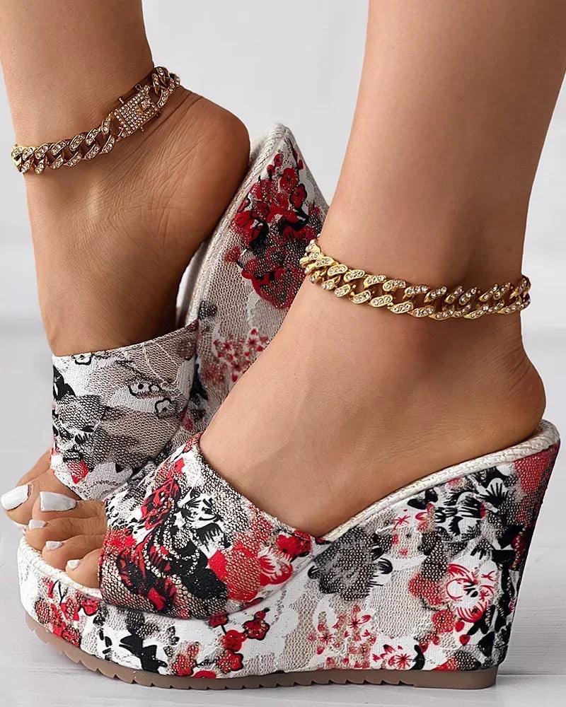 Women Shoes Fashion Shoes Casual Flip Flops Summer Vintage Floral Print Peep Toe Wedge Slippers-THAT FASHION STORE